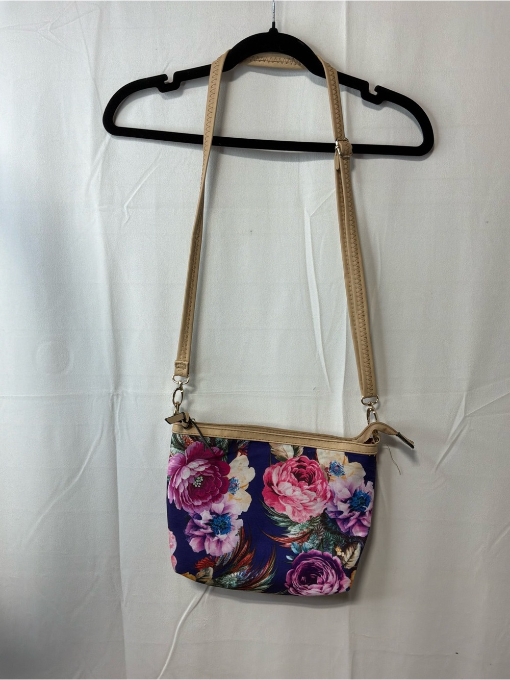 Floral Navy Crossbody Bag with Beige Strap